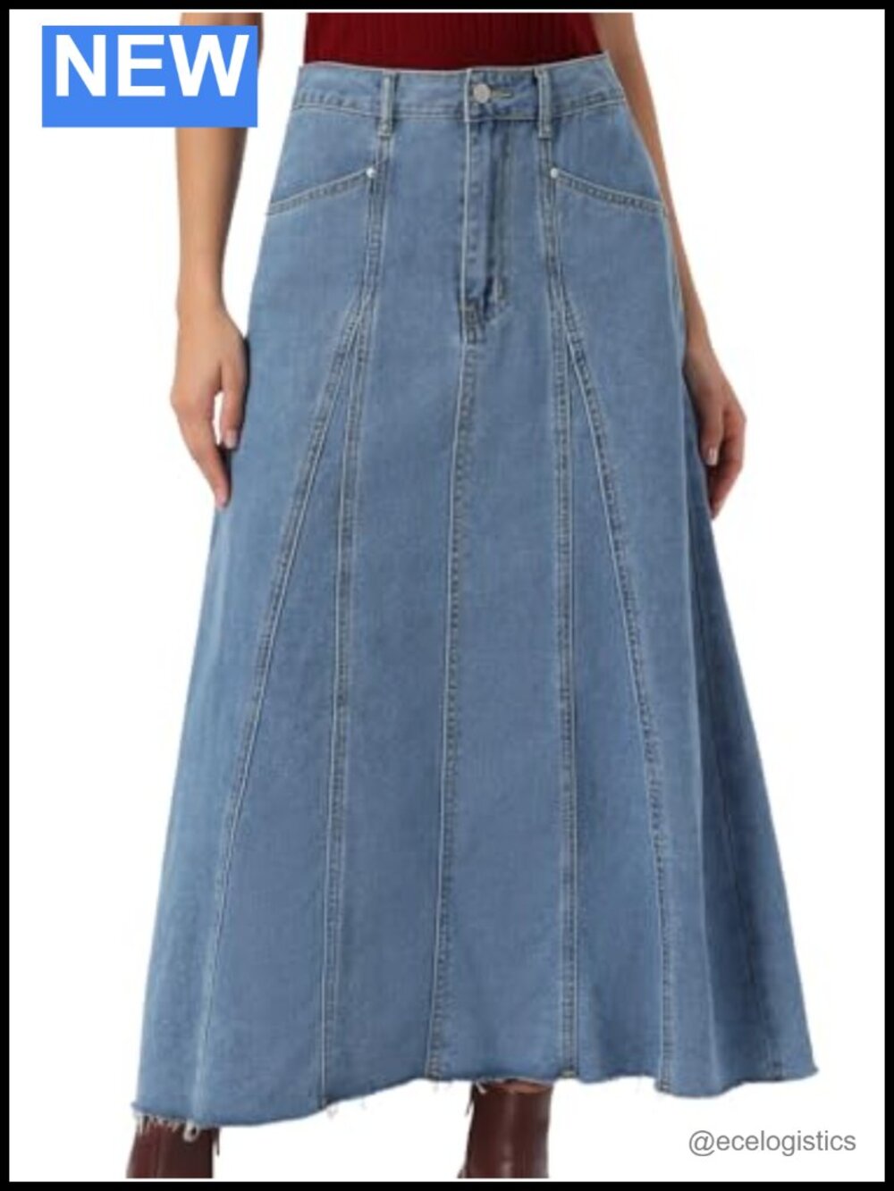 Denim Maxi Skirt Women High Waisted A-Line Seamed Hem